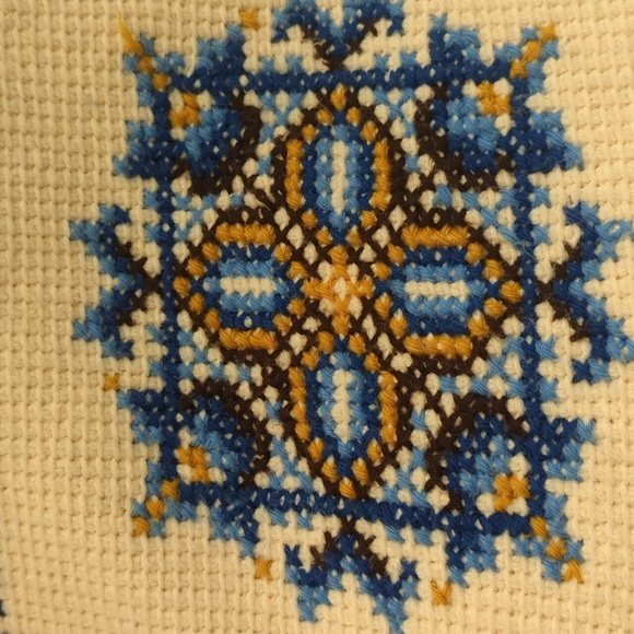Hand Knit Cozy Fringed Cream and Blue cozy Throw With Cross Stitching - Picture 4 of 9